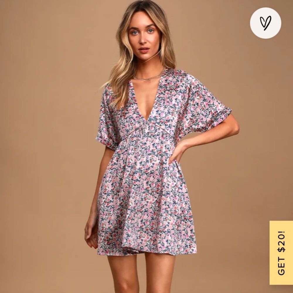 Lulus Express Yourself Blush Pink Floral Print Satin Babydoll Dress